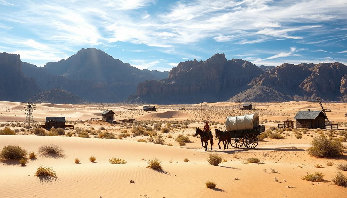 A vast desert landscape with rugged mountains in the background, sunlit sand dunes casting long shadows, a covered wagon drawn by horses navigating through sparse vegetation, remnants of historical pioneer settlements like wooden structures and windmills scattered across the terrain, and a bright blue sky filled with wispy c