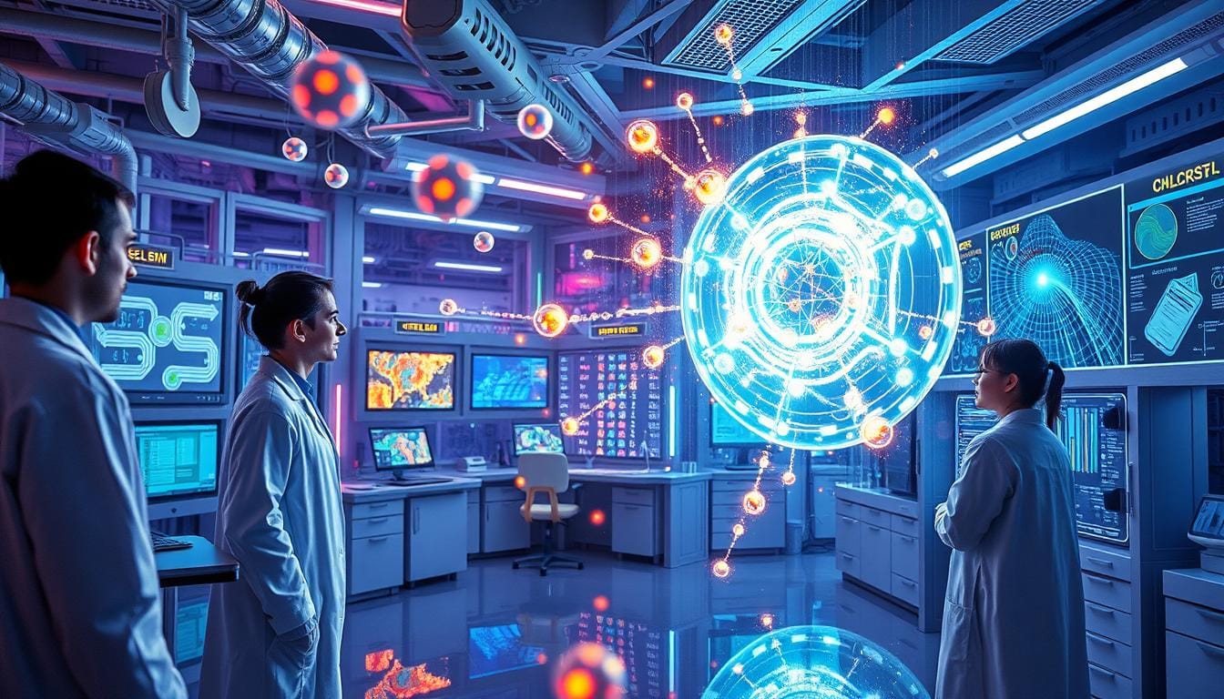 A futuristic laboratory filled with advanced nanotechnology equipment, glowing nanoparticles suspended in the air, scientists in lab coats observing a holographic display of molecular structures, intricate patterns of circuits and